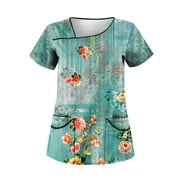 Yu Cheng Women's Retro Printed Work Clothes with Skew Collar and Double Layer Pocket Basic Tops Pullover Dressy Tops for Women Green M