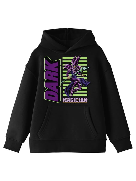 Yu-Gi-Oh Dark Magician Puff Print Long Sleeve Youth Black Hooded Sweatshirt-Medium