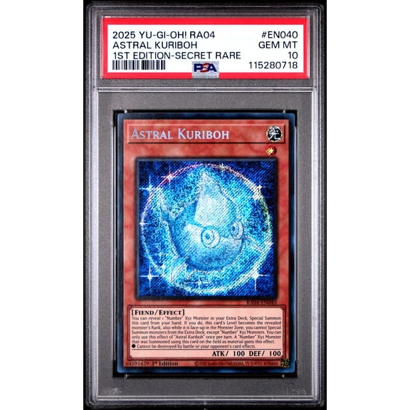 Yu Gi Oh! TCG, PSA Graded 10 GEM MINT, Astral Kuriboh 1St Edition Secret Rare #EN040, Ra04 Quarter Century Stampede, Fully Encapsulated Bundle with Compatible Yu Gi Oh! Hard Sealed Case
