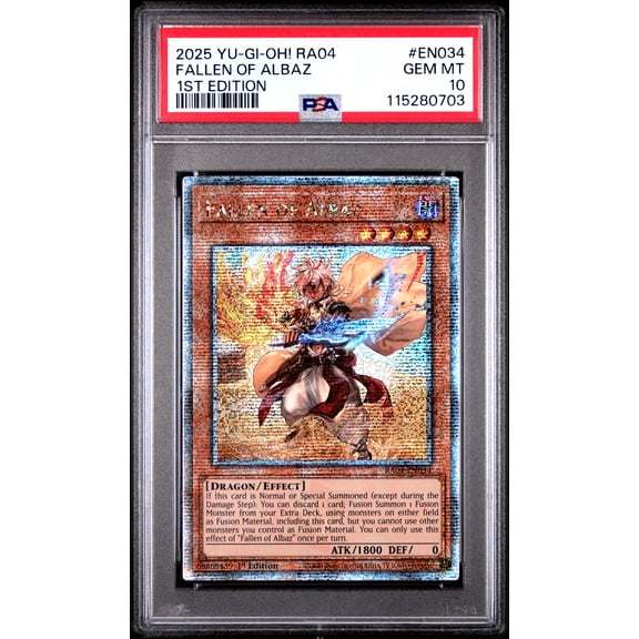 Yu Gi Oh! TCG, PSA Graded 10 GEM MINT, Fallen Of Albaz 1St Edition #EN034, Ra04 Quarter Century Stampede, Fully Encapsulated Bundle with Compatible Yu Gi Oh! Hard Sealed Case