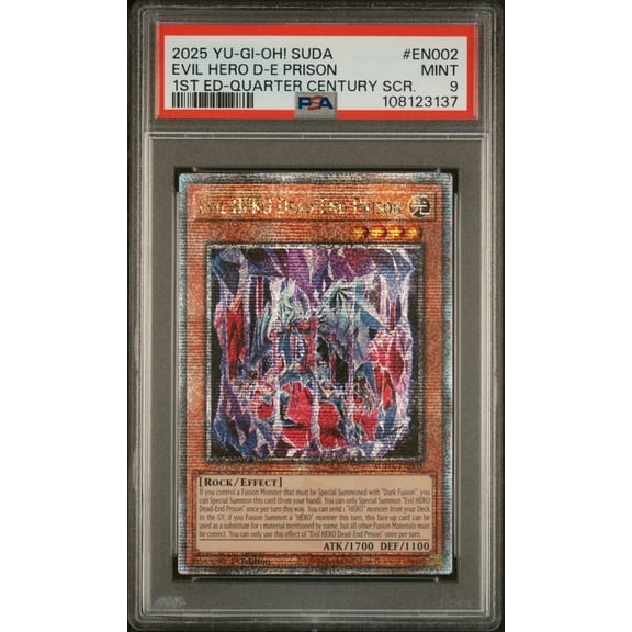 Yu Gi Oh! TCG, PSA Graded 9 MINT, Evil Hero D E Prison Evil Hero D E Prison #EN002, Suda Supreme Darkness, Fully Encapsulated Bundle with Compatible Yu Gi Oh! Hard Sealed Case