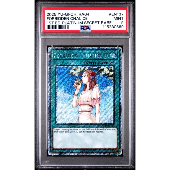Yu Gi Oh! TCG, PSA Graded 9 MINT, Forbidden Chalice 1St Ed Platinum Secret Rare #EN137, Ra04 Quarter Century Stampede, Fully Encapsulated Bundle with Compatible Yu Gi Oh! Hard Sealed Case