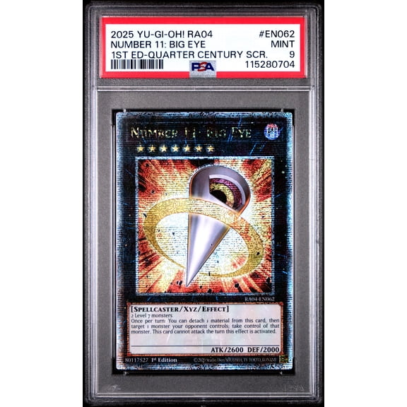 Yu Gi Oh! TCG, PSA Graded 9 MINT, Number 11: Big Eye 1St Ed Quarter Century Scr. #EN062, Ra04 Quarter Century Stampede, Fully Encapsulated Bundle with Compatible Yu Gi Oh! Hard Sealed Case