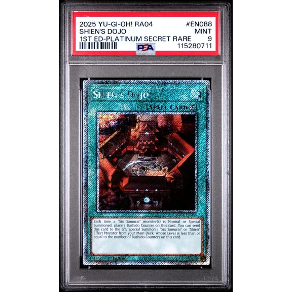 Yu Gi Oh! TCG, PSA Graded 9 MINT, Shien's Dojo 1St Ed Platinum Secret Rare #EN088, Ra04 Quarter Century Stampede, Fully Encapsulated Bundle with Compatible Yu Gi Oh! Hard Sealed Case