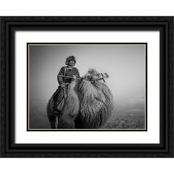 Yu Wu, Irene 32x24 Black Ornate Wood Framed with Double Matting Museum Art Print Titled - Farmer and His Camel