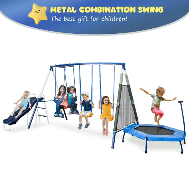 YuAnWe 5 in 1 Metal Swing Set with Movable Trampoline, Slide, Dual Ride Glider and 2 Swing Seats
