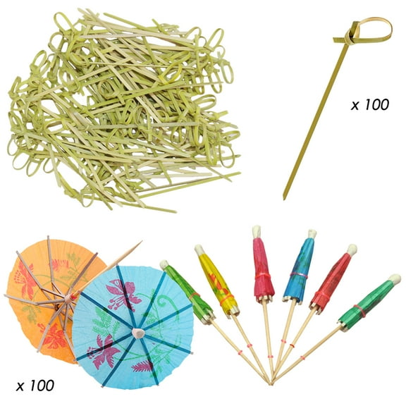 YuCool 100 Pcs Drink Umbrella Sticks and 100 Pcs Bamboo Knotted Picks Used for Cocktail Drinks Plate Cake Cupcake and Other Party Supplies