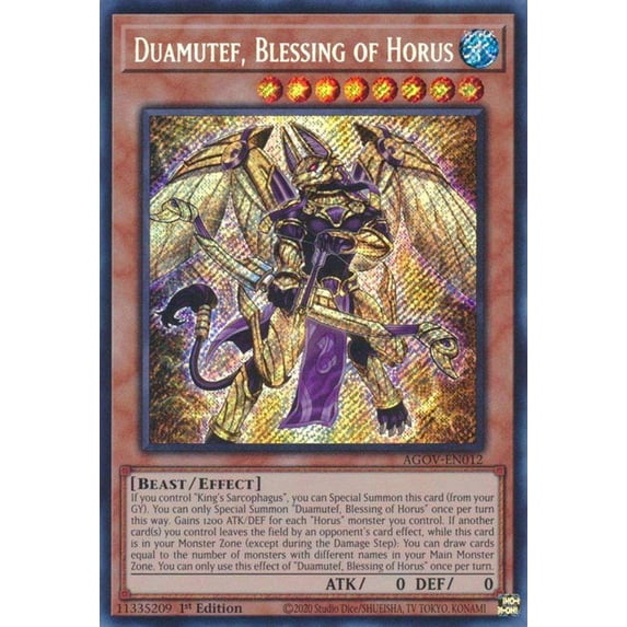 YuGiOh Age of Overlord Secret Rare Duamutef, Blessing of Horus AGOV-EN012