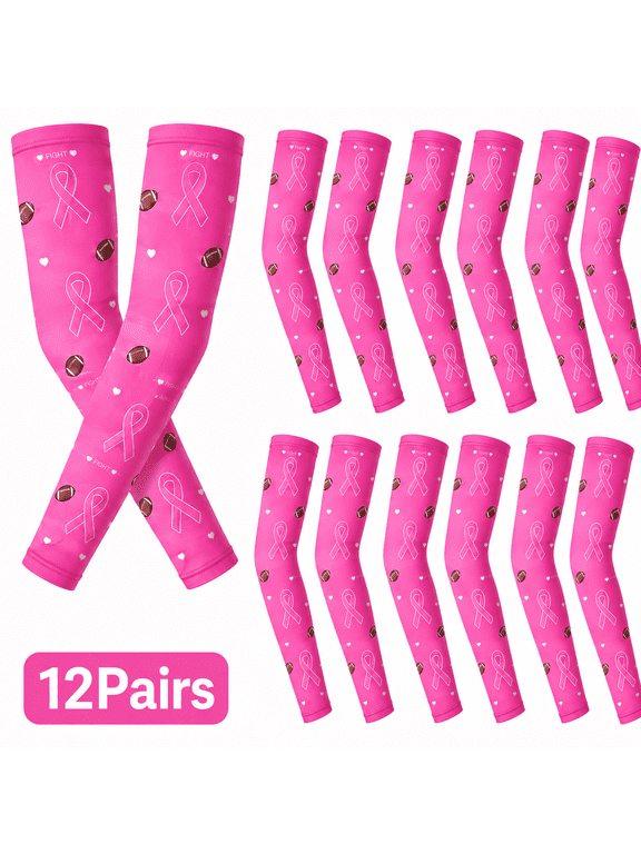 12 Pairs Pink Polyester Cooling Arm Sleeves, Breast Cancer Awareness Ribbon Football Print, UV Protection Stretch for Adult Women and Men