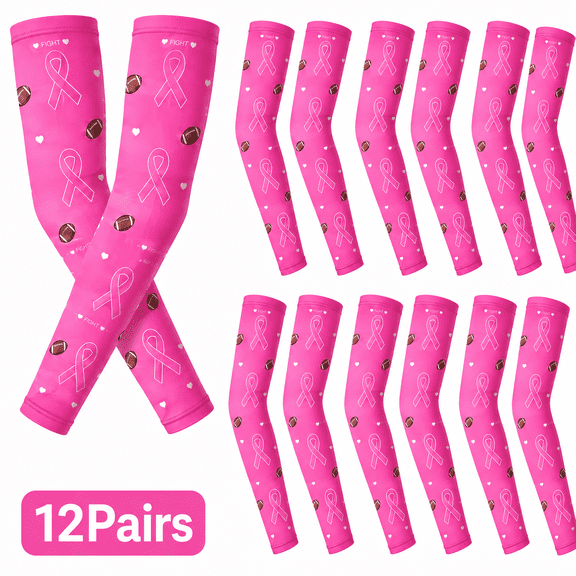 12 Pairs Pink Polyester Cooling Arm Sleeves, Breast Cancer Awareness Ribbon Football Print, UV Protection Stretch for Adult Women and Men