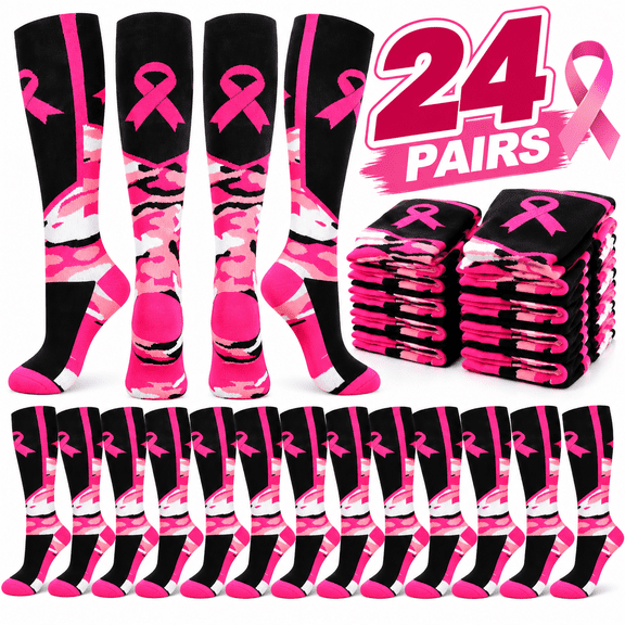 YuHangHu 24 Pairs Breast Cancer Awareness Pink Ribbon Socks, Knee High Athletic Compression Socks for Women Men, Soft Sports Calf Socks for Running Fitness