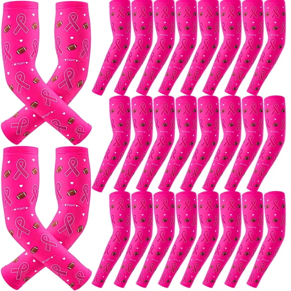 24 Pairs Pink Polyester Cooling Arm Sleeves, Breast Cancer Awareness Ribbon Football Print, UV Protection Stretch for Adult Women and Men