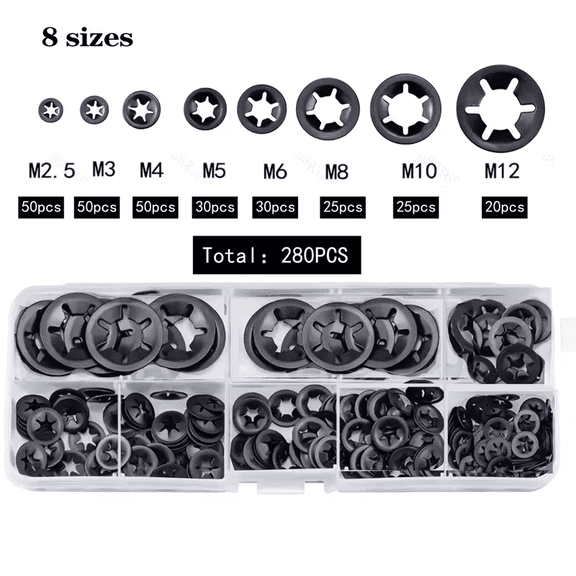 YuHangHu 280-Piece Push-On Internal Tooth Star Lock Washer Assortment, 8 Sizes M2.5-M12, 65Mn Steel with Black Oxide Finish and Compartment Storage Case
