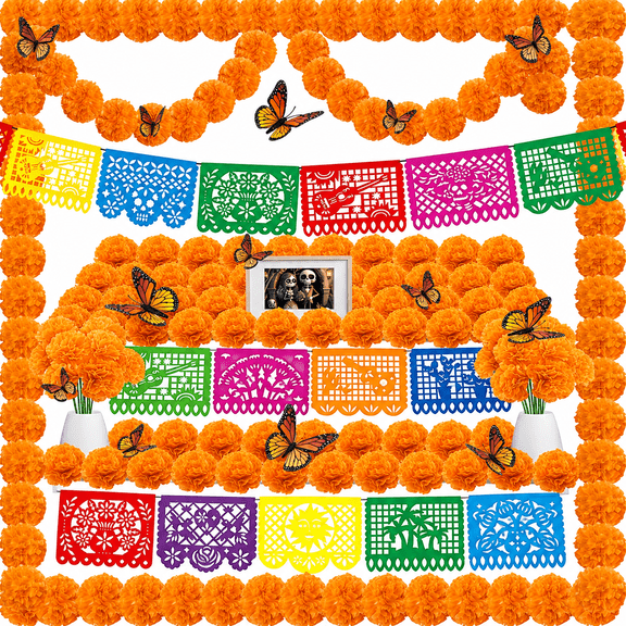 YuHangHu Day of The Dead Decoration Set, Dia de Los Muertos Decor Kit, Party Banners, Marigold Flowers and Butterflies for Halloween, Diwali Altar