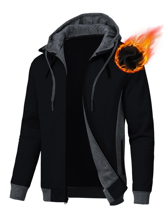 Mens Zipper Hoodie Casual Hooded Sweatshirt Fleece Jacket Black-S