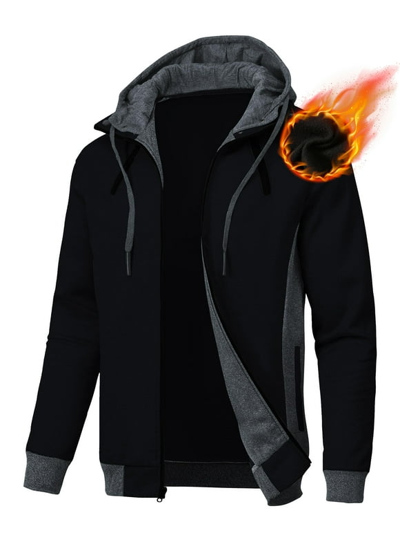 Mens Zipper Hoodie Casual Hooded Sweatshirt Fleece Jacket Black-XL