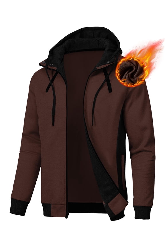 Mens Zipper Hoodie Casual Hooded Sweatshirt Fleece Jacket Coffee-XL