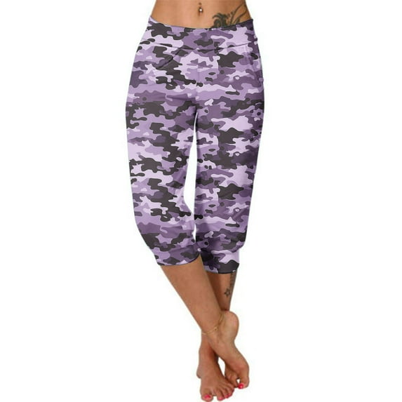 YuXingFu Active Stretch Slim Straight Legging Cropped Camo Women's Yoga Capris Pants Camouflage Print Loose Soft Workout Pants Outdoor Sports Casual Pants with Pockets Purple M