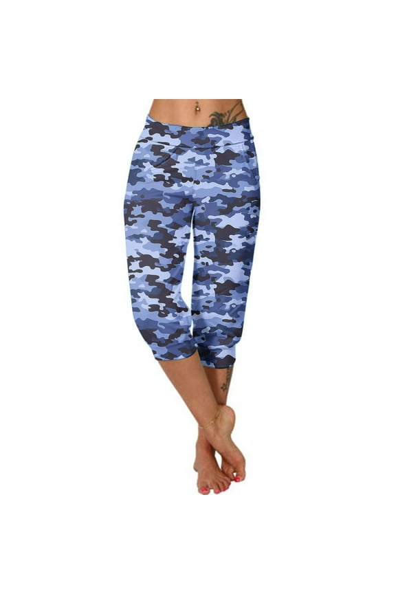 Active Stretch Slim Straight Legging Cropped Camo Women's Yoga Capris Pants Camouflage Print Loose Soft Workout Pants Outdoor Sports Casual Pants with Pockets Blue XL
