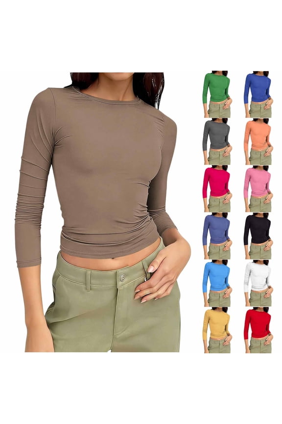 Boho Tops for Women Cotton Linen 3/4 Sleeve Crew Neck Circle Tops - Ruched for Boho Red L