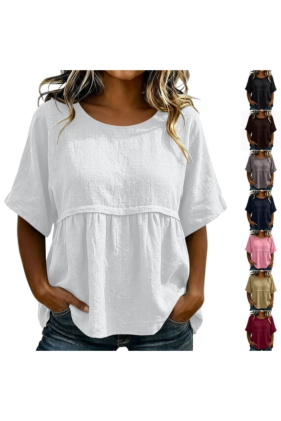 Boutique Tops for Women Trendy Plus Size Short Sleev Crew Neck Pencil Tops - Back Pocket Linen for Fall Navy S