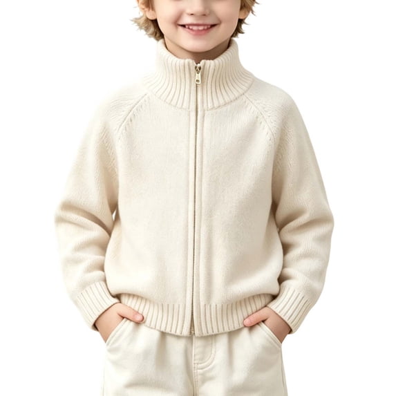 YuXingFu Boys Girls Full Zip Turtleneck Knit Sweater Raglan Long Sleeve Solid Casual Pullover for Kids Beige 12-13 Years