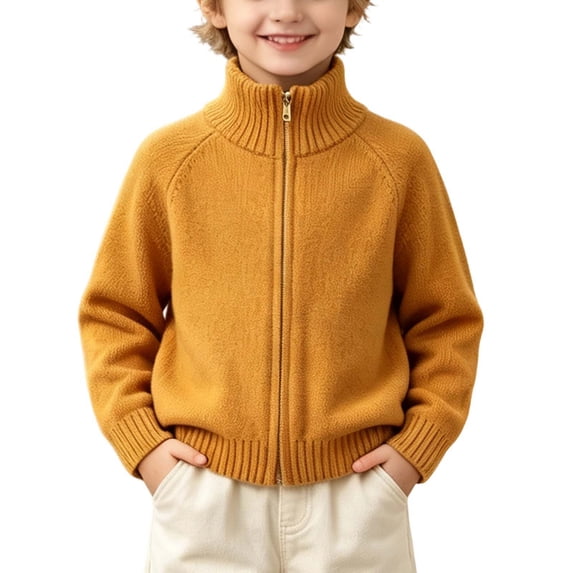 YuXingFu Boys Girls Full Zip Turtleneck Knit Sweater Raglan Long Sleeve Solid Casual Pullover for Kids Yellow 6-7 Years