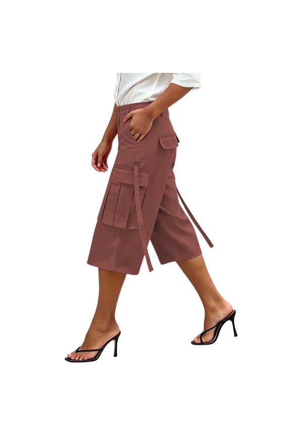 Capri Pants for Women Petite Womens High Waist Wide Leg Cargo Trousers Casual Cropped Pants with Pocket Ribbon Detail Wine M