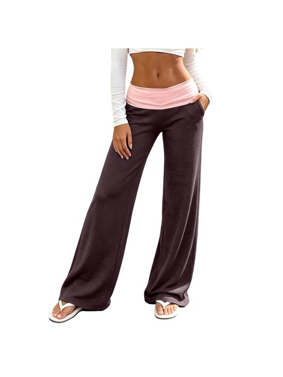 Capri Pants for Women Plus Size Fashion Women Casual Color Block High Waist Loose Straight Solid Pants Wide Leg Pants Coffee S