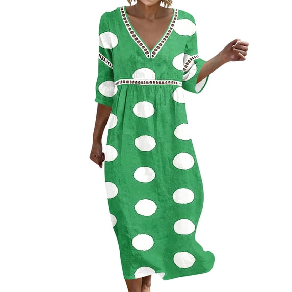 YuXingFu Church Dress Maxi V-Neck Plus Size Womens Dress 3/4 Sleeve Flowy Long Casual Summer Green XXXL