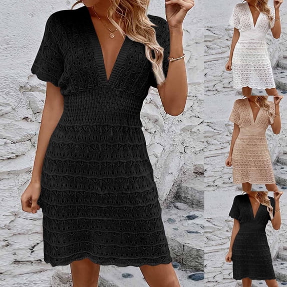 YuXingFu Cocktail Dresses for Women with Sleeves Mini V-Neck Plus Size Womens Dress Short Sleeve Gingham Casual Summer White S