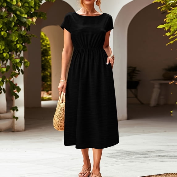 YuXingFu Cotton Dresses for Women Midi Maxi Crew Neck Plus Size Womens Dress Short Sleeve for Vacation Long Casual Summer Black M