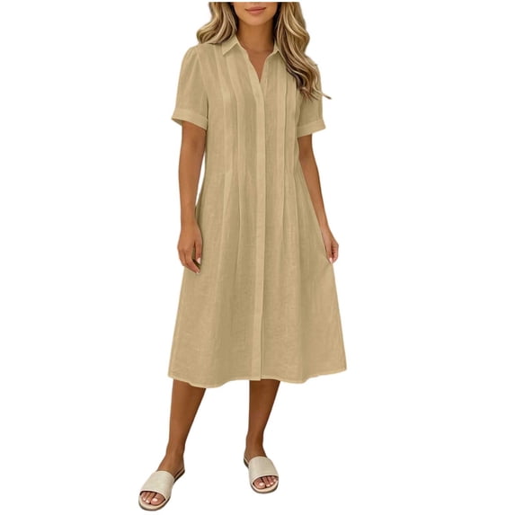 YuXingFu Cotton Dresses for Women Plus Size Maxi V-Neck Plus Size Womens Dress Short Sleeve for Beach Long Casual Summer Beige S