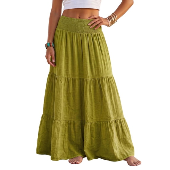 YuXingFu Cotton Linen Beach Skirt for Women Solid Color Buckle Long Skirt Boho Smocked Waist Casual Rose Gold S