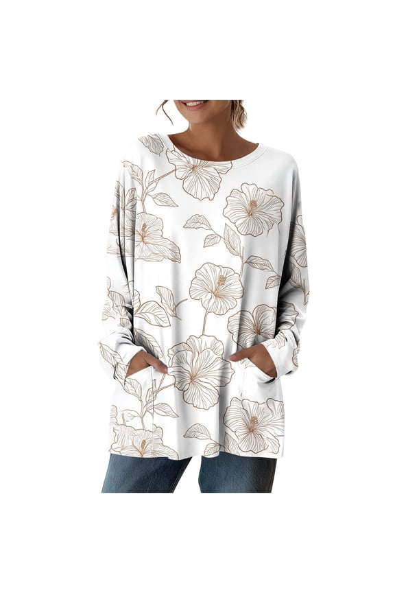 Cotton Tops for Women 2026 Crew Neck Long Sleeve Pencil Tops - Back Pocket for Winter Multicolor L
