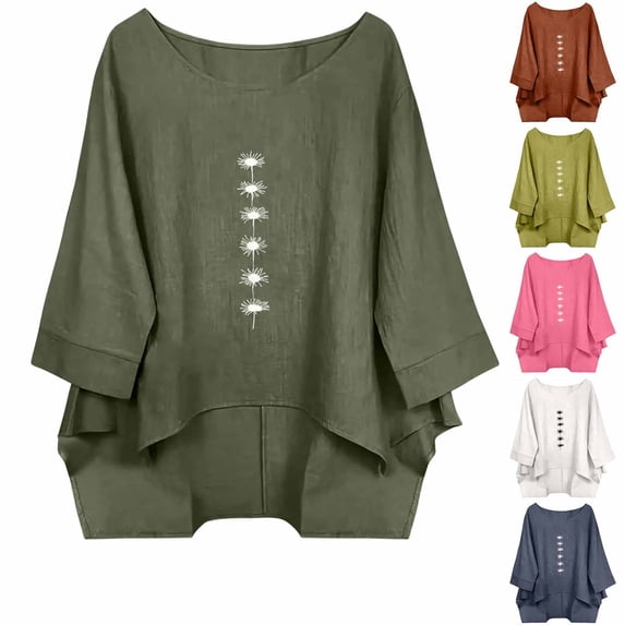 YuXingFu Cotton Tops for Women Crew Neck A-Line Split Hem 3/4 Sleeve for Casual Plus Size Blouses Dressy Hot Pink L
