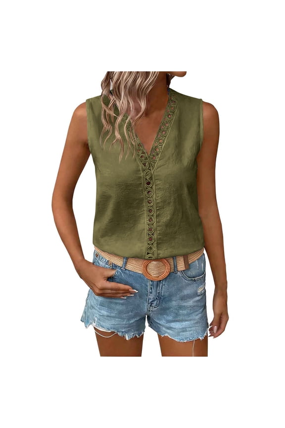 Cute Tops Y2k Sleeveless V-Neck Circle Tops - Ruffle Hem for Retro Army Green S