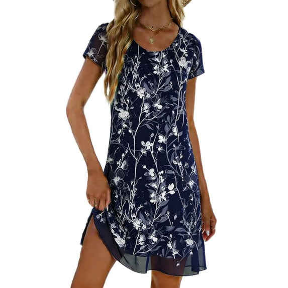 YuXingFu Denim Dress for Women Short Sleeve Round Neck Mini Dress Floral Loose Bohemian and Casual for House Multicolor S