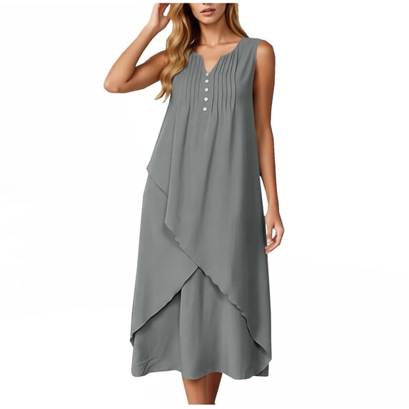 YuXingFu Dresses for Women Maxi Crew Neck Plus Size Womens Dress Sleeveless Solid Color Long Casual Summer Gray M