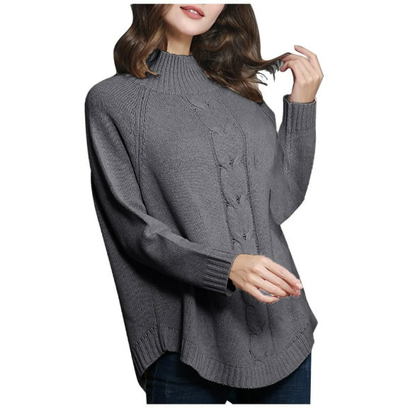 YuXingFu Easy Care Women's Turtleneck Oversized Sweaters Batwing Long Sleeve Pullover Loose Chunky Knit Jumper Dark Gray