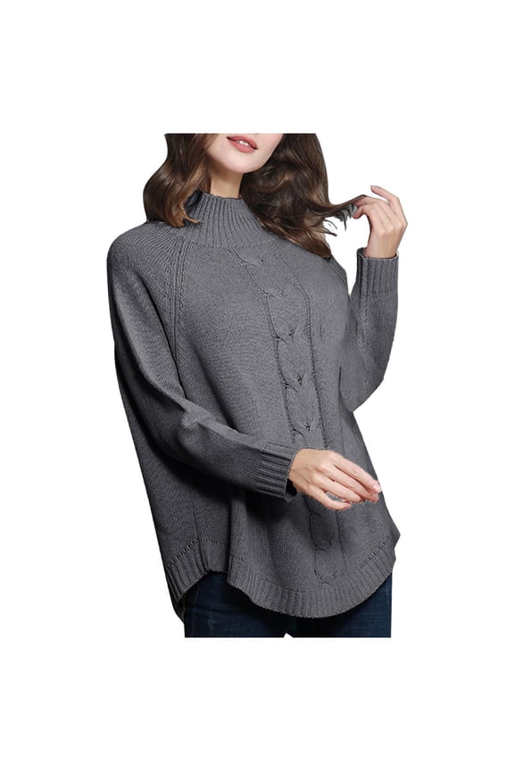 Easy Care Women's Turtleneck Oversized Sweaters Batwing Long Sleeve Pullover Loose Chunky Knit Jumper Dark Gray