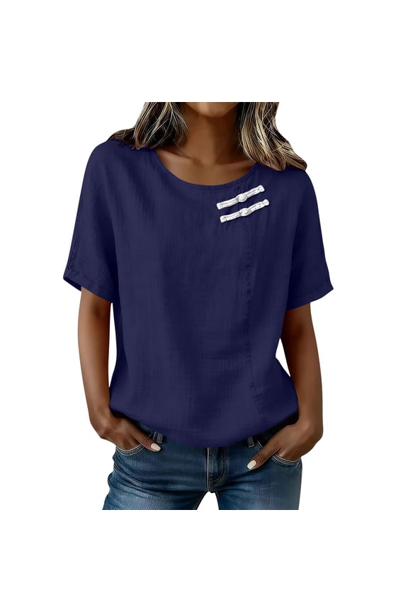 Going Out Tops for Women Short Sleeve Crew Neck Circle Tops - Ruffle Flounce for Everyday Navy XXL