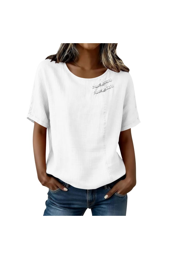 Going Out Tops for Women Short Sleeve Crew Neck Circle Tops - Ruffle Flounce for Everyday White S