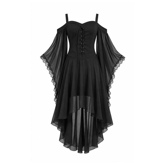 YuXingFu Gothic Dresses for Women Halloween Mesh Lace Patchwork Suspender Off Shoulder Court Style Dress Black M