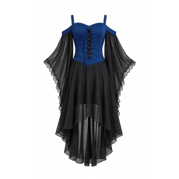 YuXingFu Gothic Dresses for Women Halloween Mesh Lace Patchwork Suspender Off Shoulder Court Style Dress Blue S