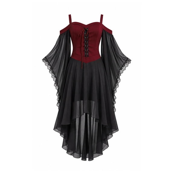 YuXingFu Gothic Dresses for Women Halloween Mesh Lace Patchwork Suspender Off Shoulder Court Style Dress Red XXXL