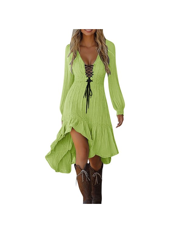 YuXingFu Gothic Dresses for Women Holiday Summer Solid Color Long-Sleeved Hollowed Out Party Midi Beach Dress Green S