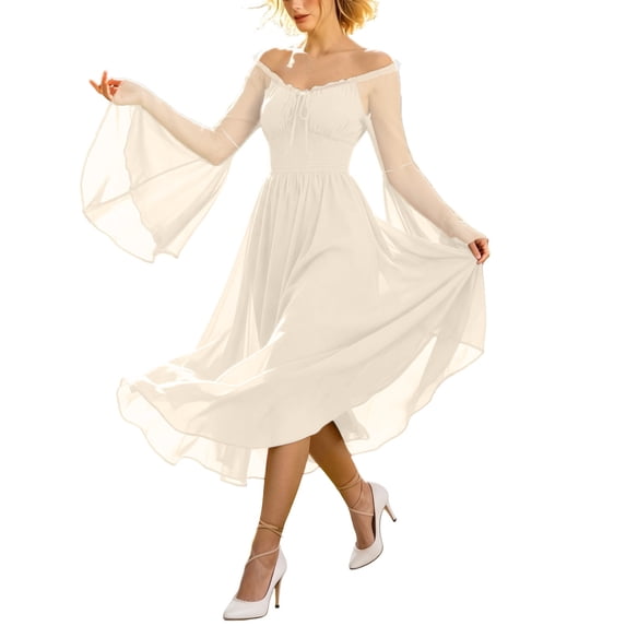 YuXingFu Gothic Dresses for Women Renaissance Dress With Pocket Court Style Long Sleeved Long Dress Beige XXL