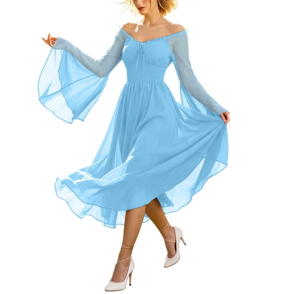 YuXingFu Gothic Dresses for Women Renaissance Dress With Pocket Court Style Long Sleeved Long Dress Sky Blue XL
