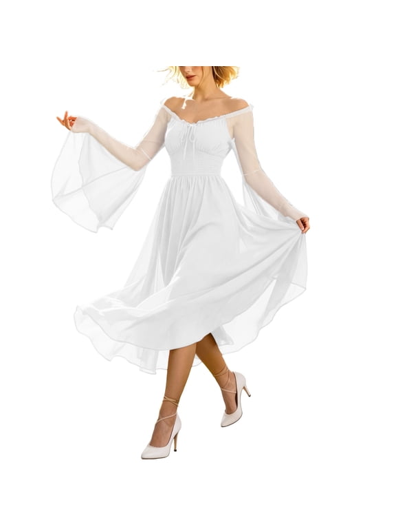 YuXingFu Gothic Dresses for Women Renaissance Dress With Pocket Court Style Long Sleeved Long Dress White XXXL